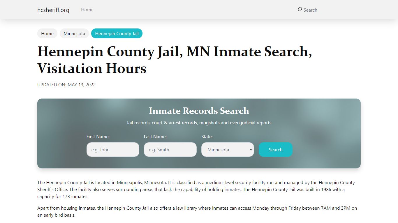 Hennepin County Jail , MN Inmate Search, Visitation Hours